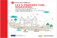 Cover of a handbook titled “Let’s Prepare for… Disasters!” by Save the Children. Features an outline of a historic building, trees, small houses, boats, and a dotted path with colorful dots. Logos of the European Union and Synergies are at the bottom.