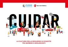 Cover of the manual “CUIDAR – The Culture of Disaster Resilience Among Children and Adolescents,” published by Save the Children. The title is highlighted, with a graphic background evoking the ideas of community, protection, and resilience, and featuring the CUIDAR project logo.