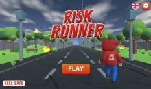 Start screen of a 3D game titled “Risk Runner.” A character in a red hoodie stands on a cracked road lined with trees and street lamps, with flames visible in the background. The screen shows a large “PLAY” button and small icons for settings and language.