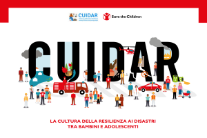 Cover of the manual “CUIDAR – The Culture of Disaster Resilience Among Children and Adolescents,” published by Save the Children. The title is highlighted, with a graphic background evoking the ideas of community, protection, and resilience, and featuring the CUIDAR project logo.